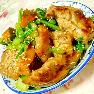 塩麹ｄｅ❤豚ヒレ肉と小松菜南瓜のガリバタ炒め❤